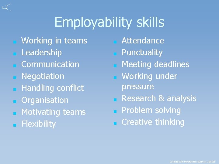 Employability skills ■ ■ ■ ■ Working in teams Leadership Communication Negotiation Handling conflict