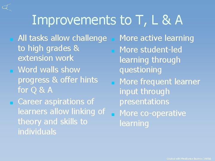 Improvements to T, L & A ■ ■ ■ All tasks allow challenge to