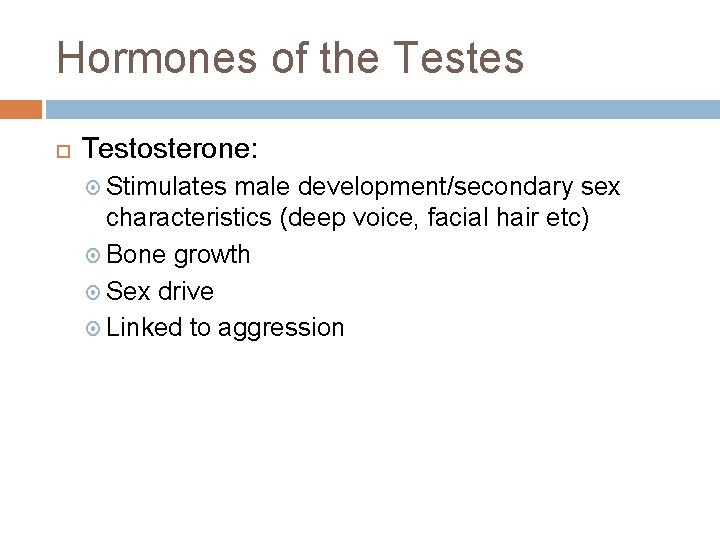 Hormones of the Testes Testosterone: Stimulates male development/secondary sex characteristics (deep voice, facial hair