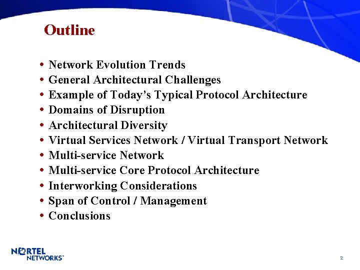 Outline • • • Network Evolution Trends General Architectural Challenges Example of Today’s Typical