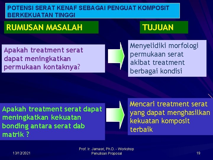 POTENSI SERAT KENAF SEBAGAI PENGUAT KOMPOSIT BERKEKUATAN TINGGI RUMUSAN MASALAH Apakah treatment serat dapat