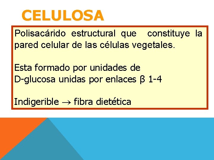 CELULOSA Polisacárido estructural que constituye la pared celular de las células vegetales. Esta formado