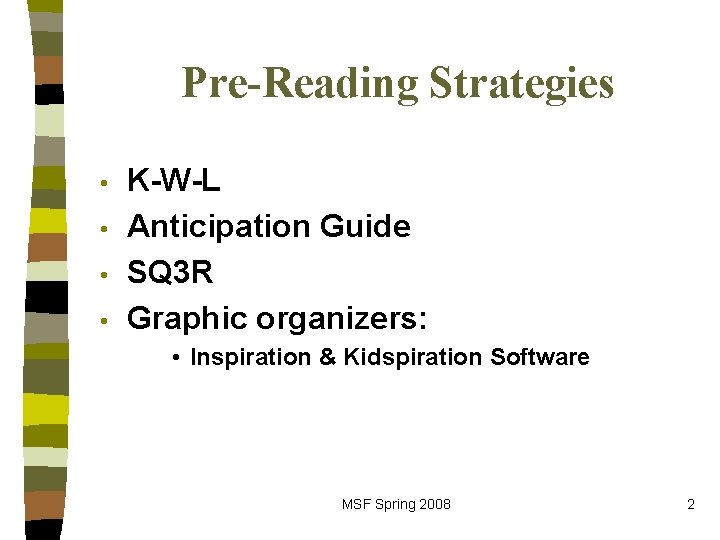 Pre-Reading Strategies • • K-W-L Anticipation Guide SQ 3 R Graphic organizers: • Inspiration