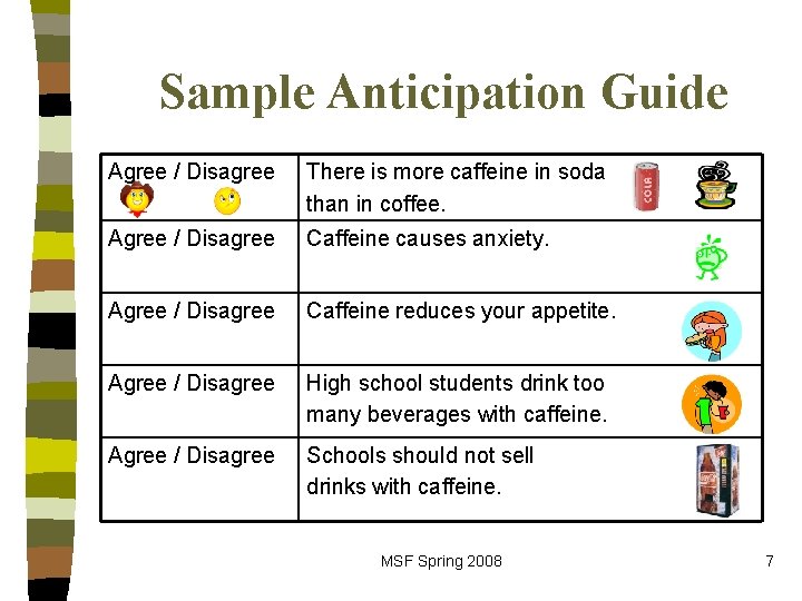 Sample Anticipation Guide Agree / Disagree There is more caffeine in soda than in