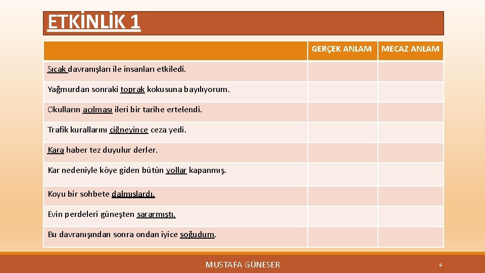 ETKİNLİK 1 GERÇEK ANLAM MECAZ ANLAM Sıcak davranışları ile insanları etkiledi. Yağmurdan sonraki toprak