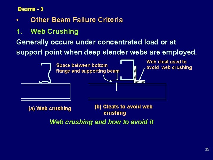Beams - 3 • Other Beam Failure Criteria 1. Web Crushing Generally occurs under