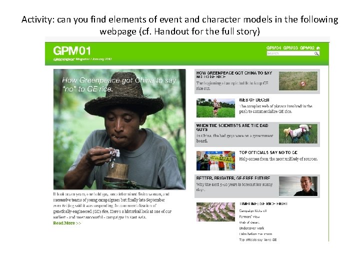 Activity: can you find elements of event and character models in the following webpage