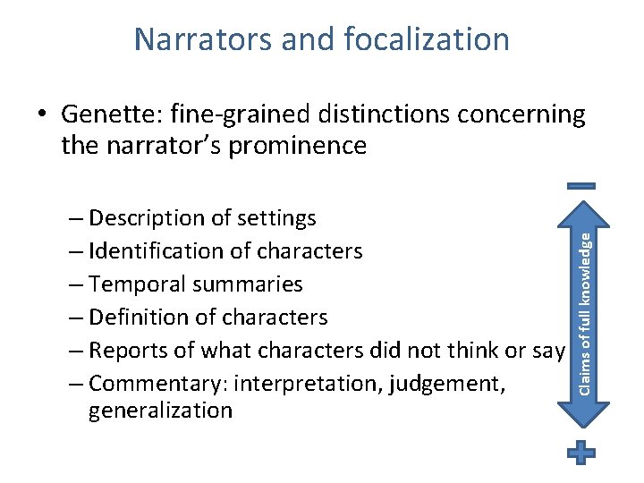 Narrators and focalization – Description of settings – Identification of characters – Temporal summaries