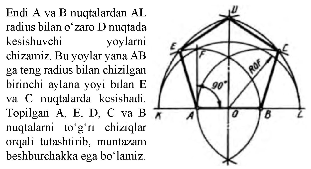 Endi A va В nuqtalardan AL radius bilan o‘zaro D nuqtada kesishuvchi yoylarni chizamiz.