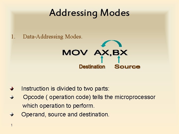 Addressing Modes 1. Data-Addressing Modes. Instruction is divided to two parts: Opcode ( operation