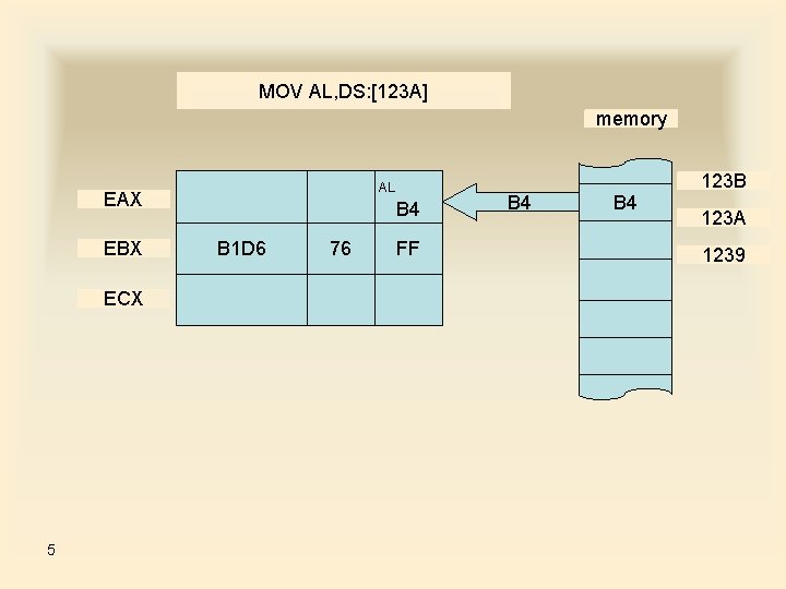 MOV AL, DS: [123 A] memory AL EAX EBX ECX 5 B 4 B