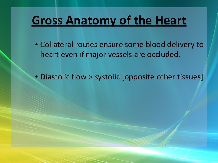 Gross Anatomy of the Heart • Collateral routes ensure some blood delivery to heart