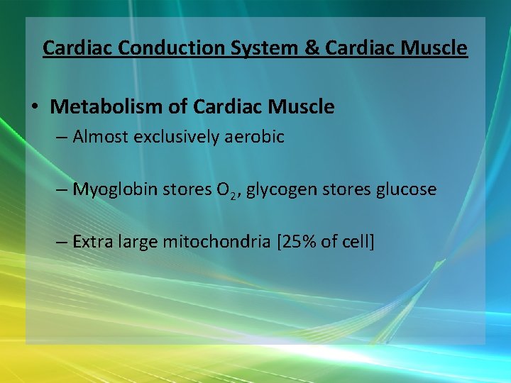 Cardiac Conduction System & Cardiac Muscle • Metabolism of Cardiac Muscle – Almost exclusively