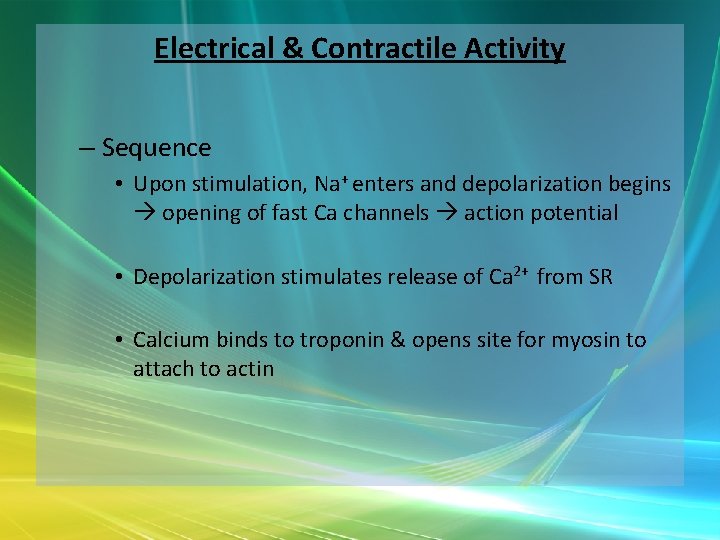 Electrical & Contractile Activity – Sequence • Upon stimulation, Na+ enters and depolarization begins