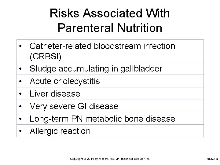 Risks Associated With Parenteral Nutrition • Catheter-related bloodstream infection (CRBSI) • Sludge accumulating in