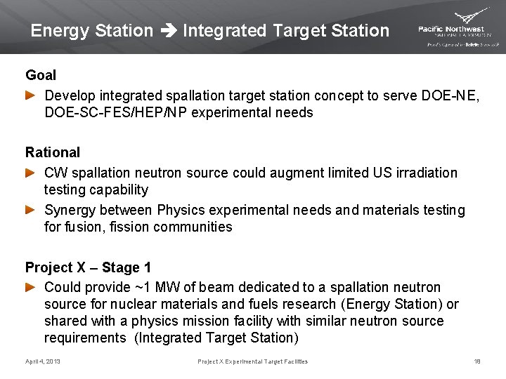 Energy Station Integrated Target Station Goal Develop integrated spallation target station concept to serve