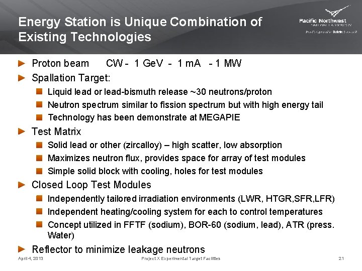 Energy Station is Unique Combination of Existing Technologies Proton beam CW - 1 Ge.