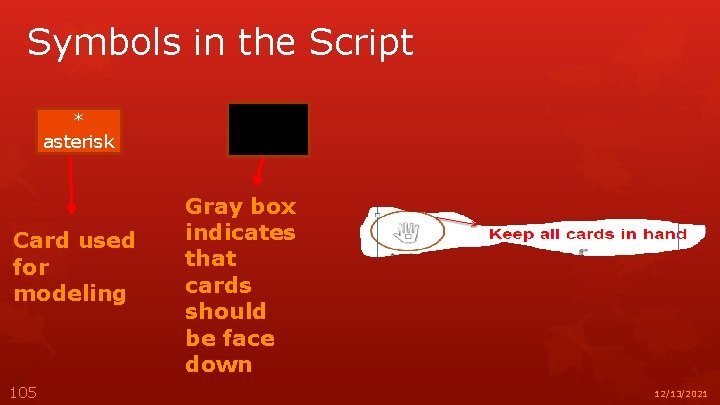 Symbols in the Script * asterisk Card used for modeling 105 Gray box indicates