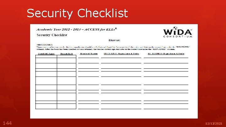 Security Checklist 144 12/13/2021 