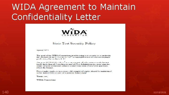 WIDA Agreement to Maintain Confidentiality Letter 148 12/13/2021 
