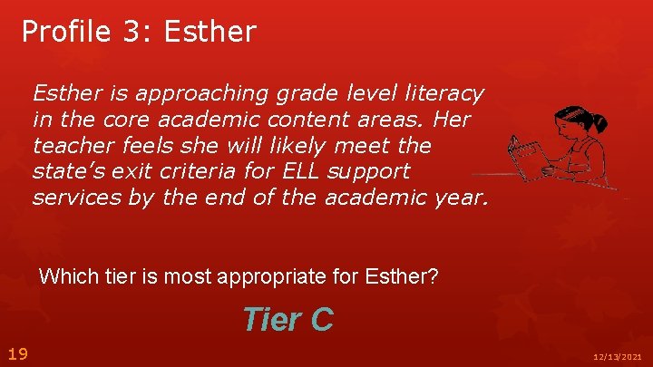 Profile 3: Esther is approaching grade level literacy in the core academic content areas.