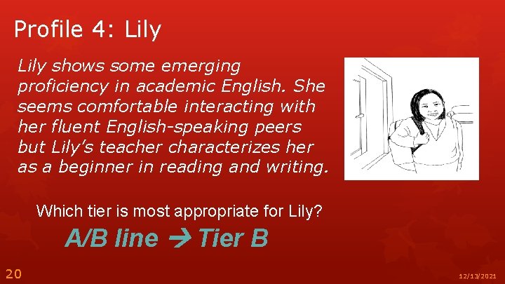 Profile 4: Lily shows some emerging proficiency in academic English. She seems comfortable interacting