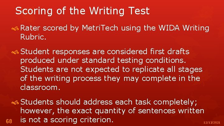 Scoring of the Writing Test Rater scored by Metri. Tech using the WIDA Writing