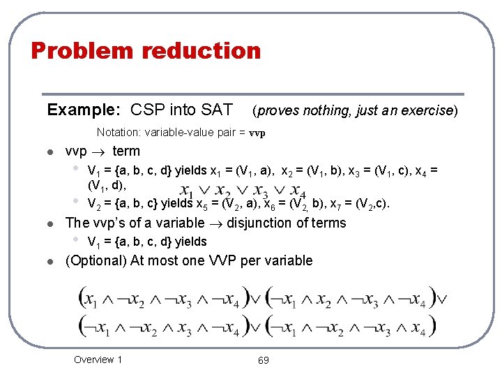 Problem reduction Example: CSP into SAT (proves nothing, just an exercise) Notation: variable-value pair