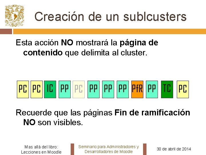 Creación de un sublcusters Esta acción NO mostrará la página de contenido que delimita