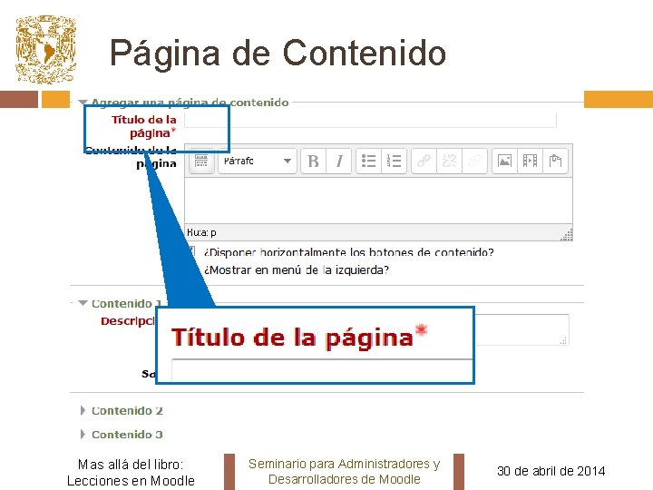 Página de Contenido Mas allá del libro: Lecciones en Moodle Seminario para Administradores y