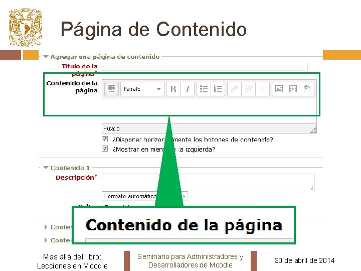 Página de Contenido Mas allá del libro: Lecciones en Moodle Seminario para Administradores y