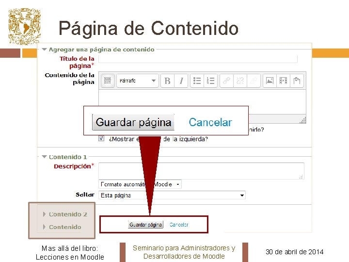 Página de Contenido Mas allá del libro: Lecciones en Moodle Seminario para Administradores y