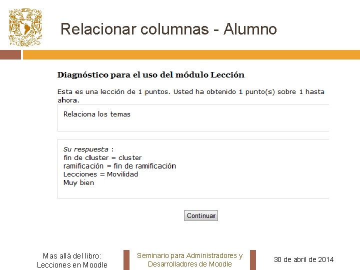 Relacionar columnas - Alumno Mas allá del libro: Lecciones en Moodle Seminario para Administradores