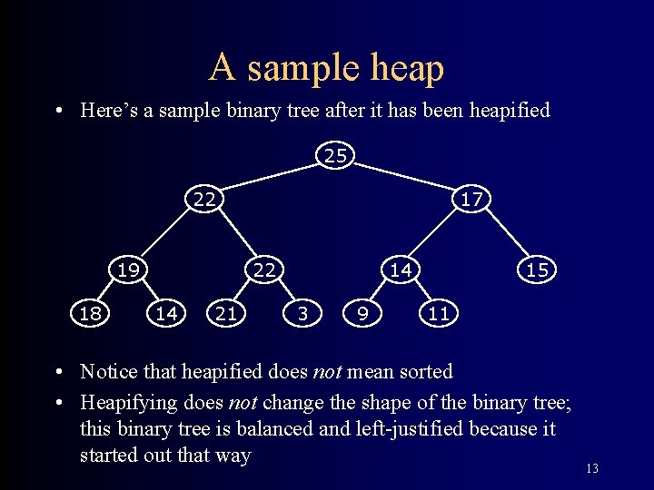A sample heap • Here’s a sample binary tree after it has been heapified