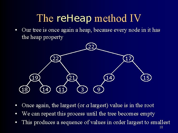 The re. Heap method IV • Our tree is once again a heap, because