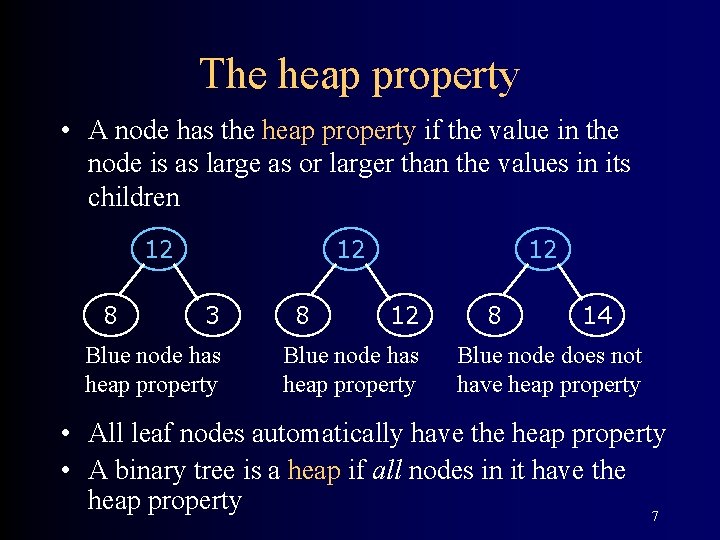 The heap property • A node has the heap property if the value in