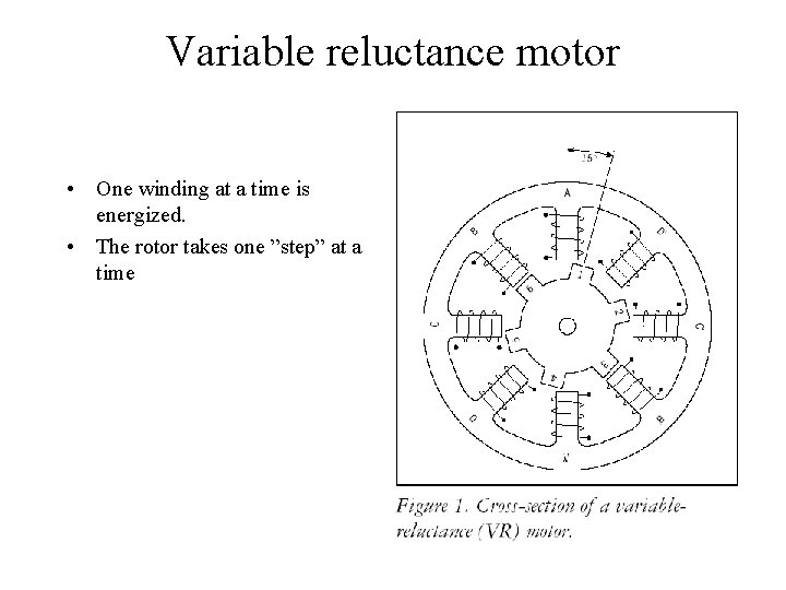 Variable reluctance motor • One winding at a time is energized. • The rotor