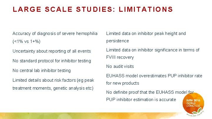 LARGE SCALE STUDIES: LIMITATIONS Accuracy of diagnosis of severe hemophilia Limited data on inhibitor