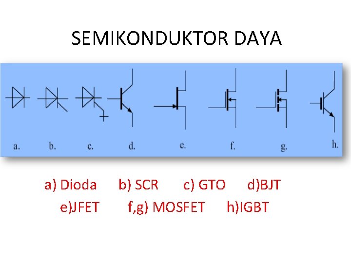 SEMIKONDUKTOR DAYA a) Dioda e)JFET b) SCR c) GTO d)BJT f, g) MOSFET h)IGBT