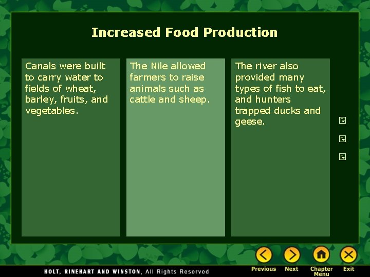 Increased Food Production Canals were built to carry water to fields of wheat, barley,