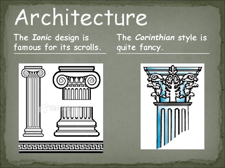 Architecture The Ionic design is famous for its scrolls. The Corinthian style is quite