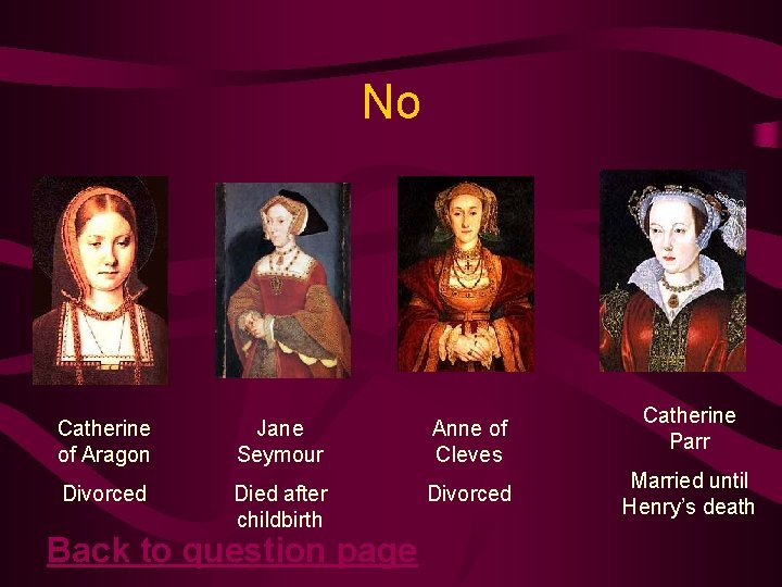 No Catherine of Aragon Jane Seymour Anne of Cleves Divorced Died after childbirth Divorced