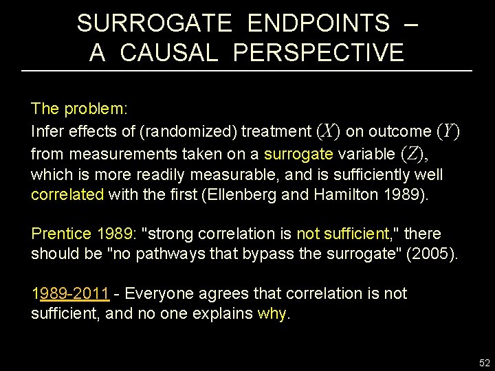 SURROGATE ENDPOINTS – A CAUSAL PERSPECTIVE The problem: Infer effects of (randomized) treatment (X)