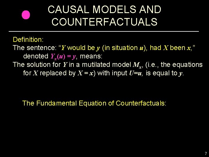 CAUSAL MODELS AND COUNTERFACTUALS Definition: The sentence: “Y would be y (in situation u),