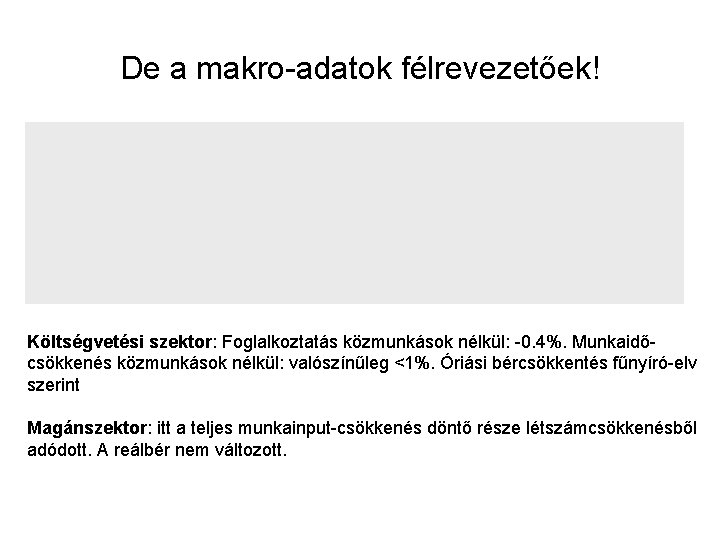 De a makro-adatok félrevezetőek! Költségvetési szektor: Foglalkoztatás közmunkások nélkül: -0. 4%. Munkaidőcsökkenés közmunkások nélkül: