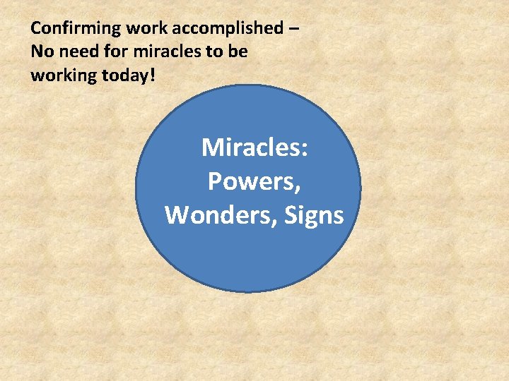 Confirming work accomplished – No need for miracles to be working today! Miracles: Powers,