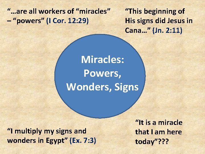 “…are all workers of “miracles” – “powers” (I Cor. 12: 29) “This beginning of