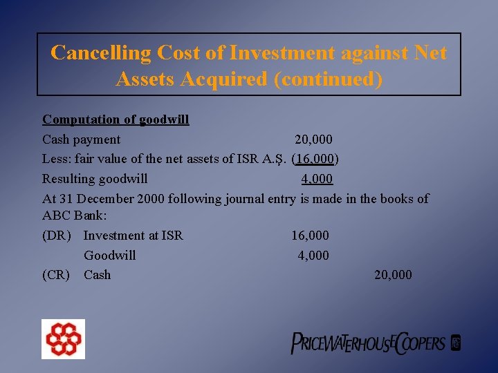 Cancelling Cost of Investment against Net Assets Acquired (continued) Computation of goodwill Cash payment