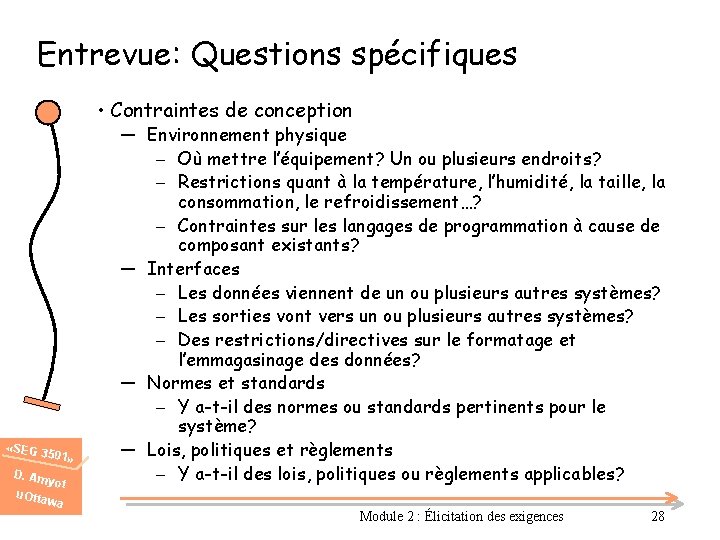 Entrevue: Questions spécifiques • Contraintes de conception «SEG 3 501» D. Am u. Otta