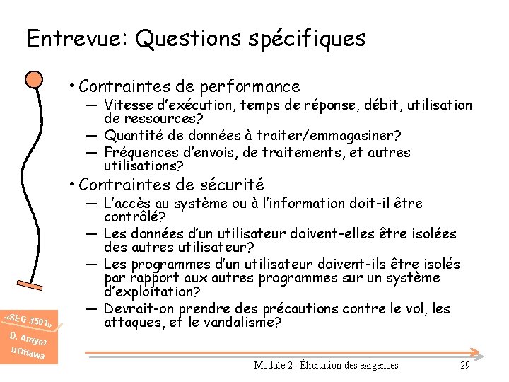 Entrevue: Questions spécifiques • Contraintes de performance ― Vitesse d’exécution, temps de réponse, débit,